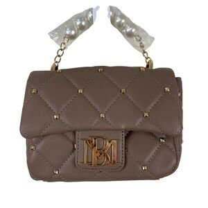 Badgley Mischka Taupe Quilted Vegan Leather Pearl Handle Crossbody Studded Bag
